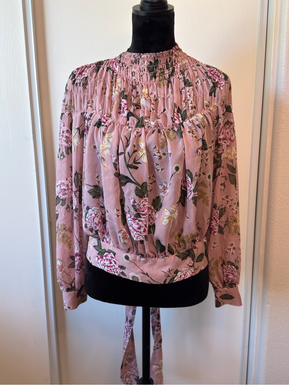 LULUS Bardot Dusty Rose Floral Smocked Neck Blouse